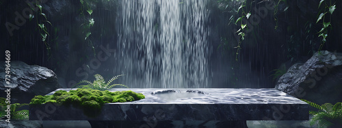 waterfall with marble table and moss 3d render in the
