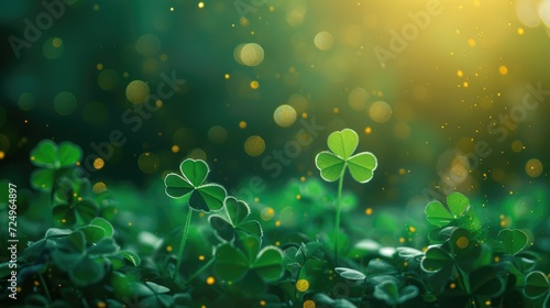 Green clover background, sun shining, sun rays. St. Patrick's Day Symbol