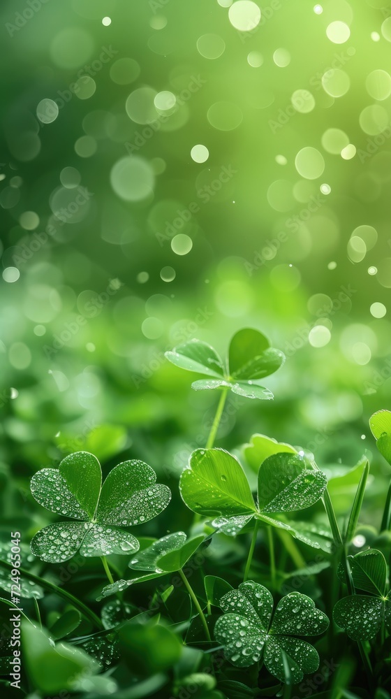 Green clover background, sun shining, sun rays. St. Patrick's Day Symbol