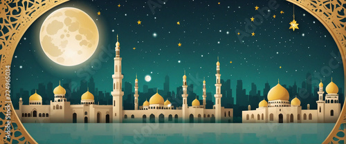 Islamic Eid Mubarak background, Ramadan Kareem, mosque, moon, lantern. Paper art style photo