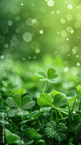 Green clover background, sun shining, sun rays. St. Patrick's Day Symbol photo