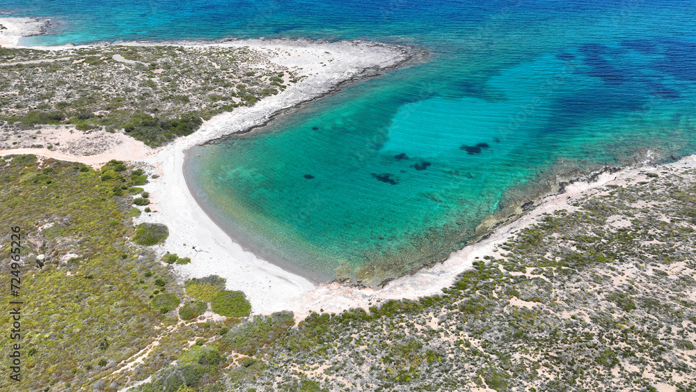 Aerial drone photo of paradise secluded beaches in Southern part of Antiparos island with crystal clear sea, Cyclades, Greece Aerial drone photo of paradise secluded beaches in Southern part of Antiparos island with crystal clear sea, Cyclades, Greece