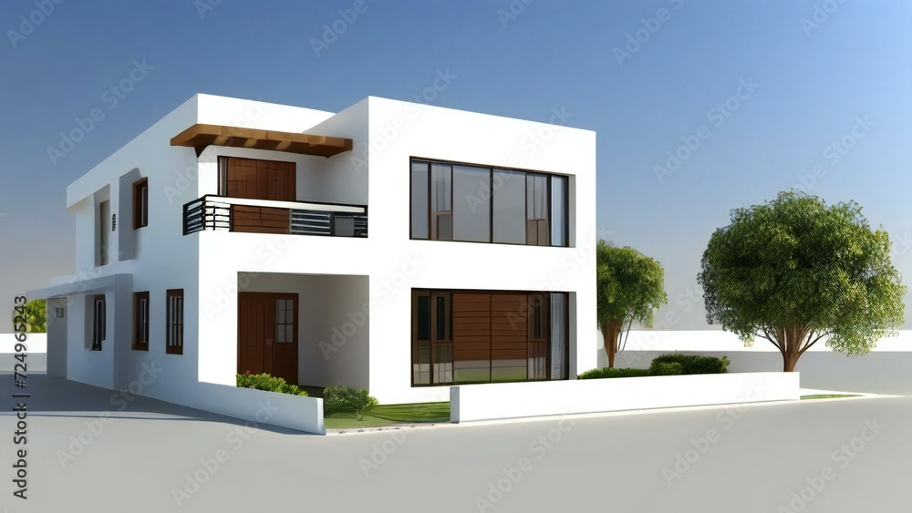 3d house model rendering on white background, Clean and precise 3D illustration modern cozy house. Concept for real estate or property.