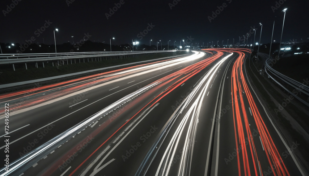 Nighttime trucking on highway with light trails. Logistic transport timelapse with abstract glowing lines.