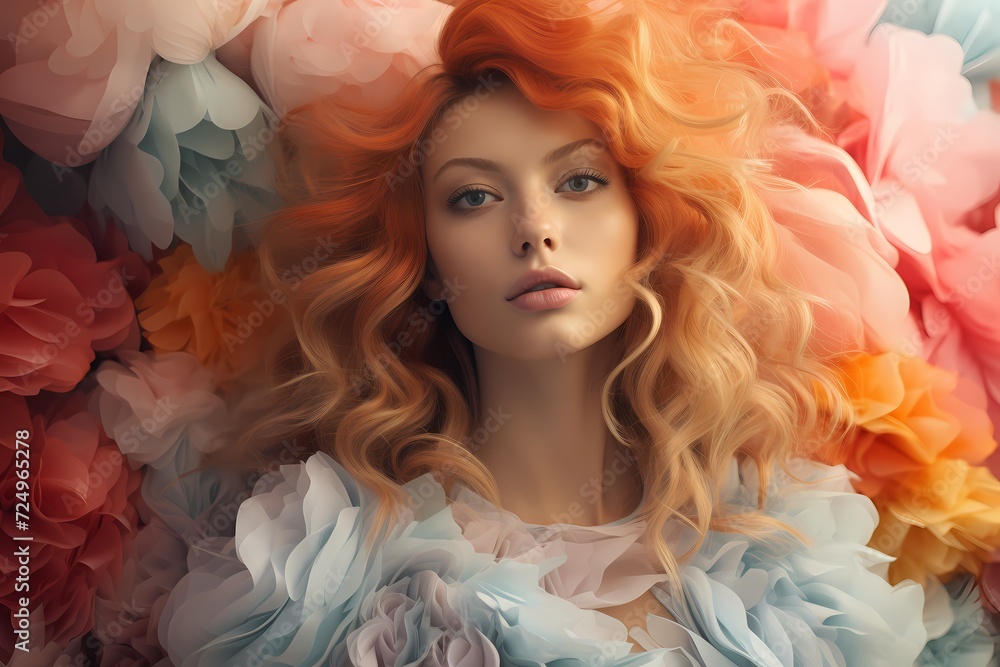 Whimsical and dreamy portrait of a model surrounded by soft, billowing clouds of pastel hues