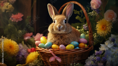 Nature s Embrace  Easter Bunny Resting in a Blossom-Filled Nest  Holding a Collection of Joyful and Exquisitely Painted Eggs