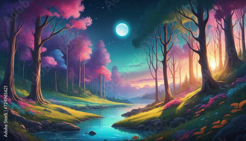 Abstract colorful fantasy forest landscape art, wallpaper, fantasy background