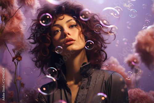 Whimsical and fantastical model surrounded by floating bubbles against a dreamy lavender background
