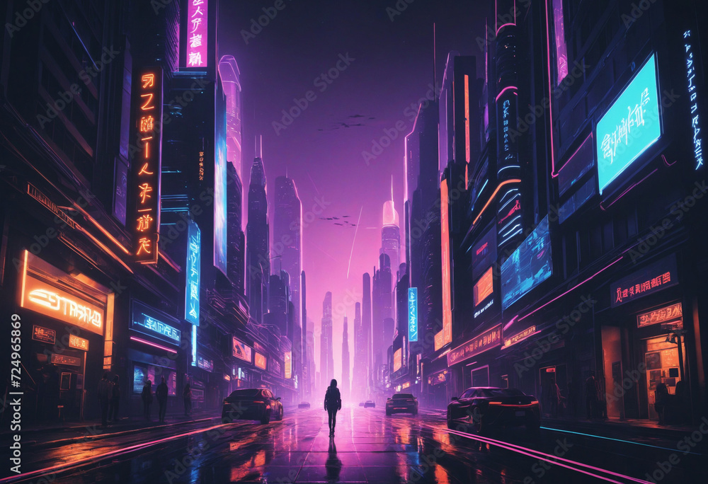 Futuristic cityscape illustration with neon lights, dystopian vibe, 4k wallpaper.