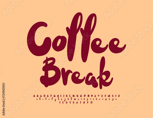 Vector artistic emblem Coffee Break. Handwritten Brown Font. Unique Alphabet Letters and Numbers set