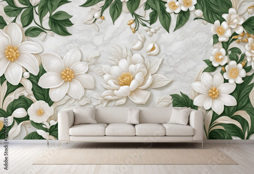 3D printable ceiling interior wallpaper featuring white flowers  leaves  swans  silk  and marble design