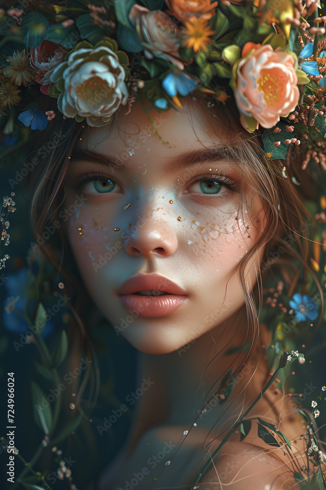 A beautiful woman in a vivid, fresh, spring goddess costume surrounded by flowers on a dark background. Perfect for Valentine's Day and romantic celebrations. A beautiful woman in a vivid, fresh, spring goddess costume surrounded by flowers on a dark background. Perfect for Valentine's Day and romantic celebrations.