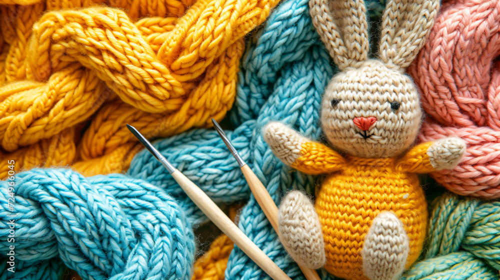 A flat lay of a knitted Easter bunny colorful yarn and knitting needles representing a cozy holiday craft.