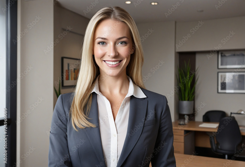 Confident female professional in business attire standing in office, exuding leadership and intelligence while smiling at the camera Confident female professional in business attire standing in office, exuding leadership and intelligence while smiling at the camera