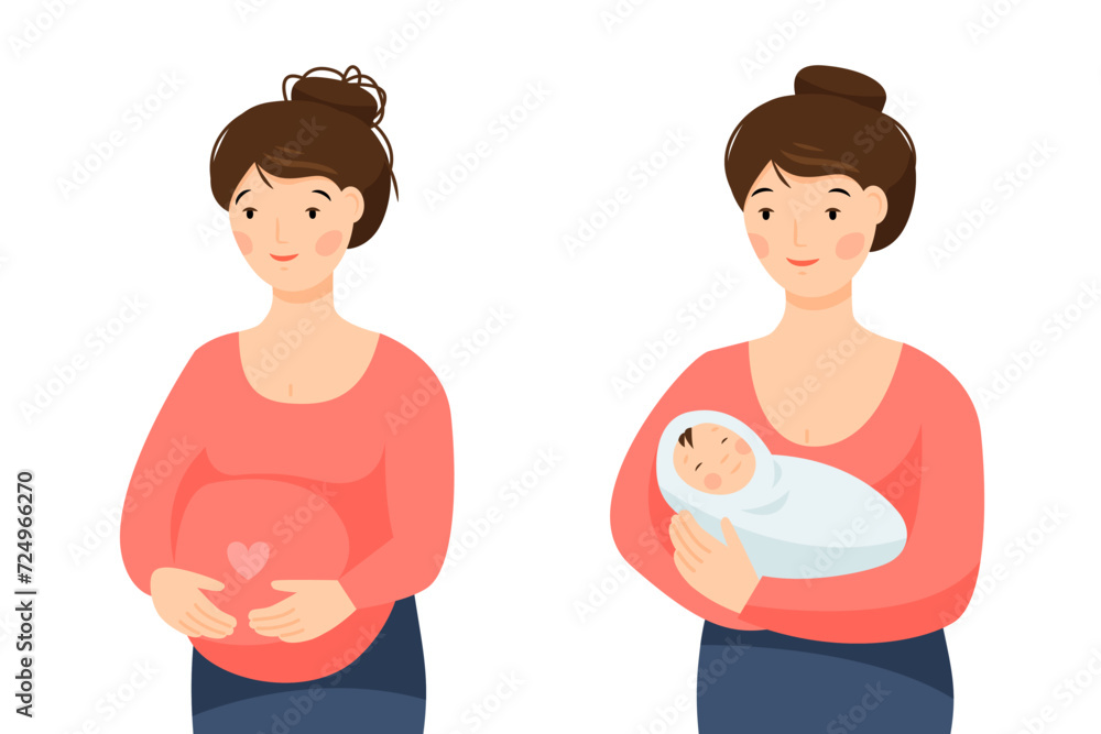 Fototapeta premium Two scenes with a happy pregnant woman and a mother with a baby in her arms. Healthy happy pregnancy and motherhood. 