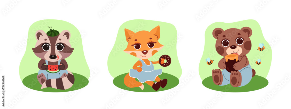 Fototapeta premium set in one style of three illustrations of animals, a fox, a bear, a raccoon in a clearing eating their favorite food