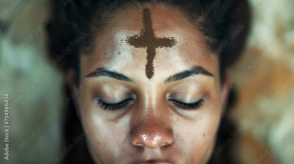 Humble woman with an ashen cross on her forehead. Ash wednesday Humble woman with an ashen cross on her forehead. Ash wednesday