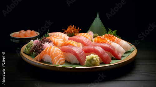 Sashimi with seafood on a black background. Michelin-starred restaurant menu. Culinary art. Japanese food.