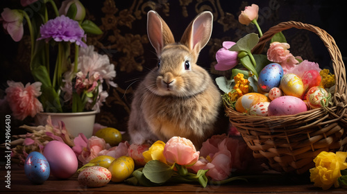 Easter Bunny Nestled in a Garden of Flowers  Sheltering a Trove of Hand-Painted Eggs   A Blissful Springtime Scene