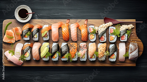 Sashimi with seafood on a black background. Michelin-starred restaurant menu. Culinary art. Japanese food.