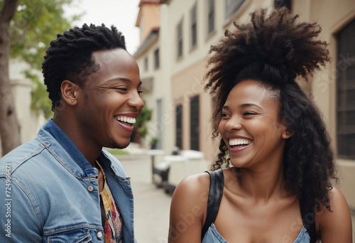 Joyful African American couple engaging in conversation and playful banter while enjoying the outdoors