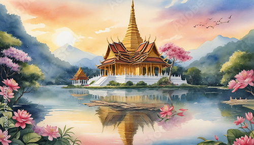 Watercolor painting of a golden pagoda adorned with a variety of flowers in Chiang Mai. photo