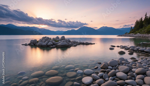 Rugged boulders standing tall next to a calm lake, with towering mountains in the distance.