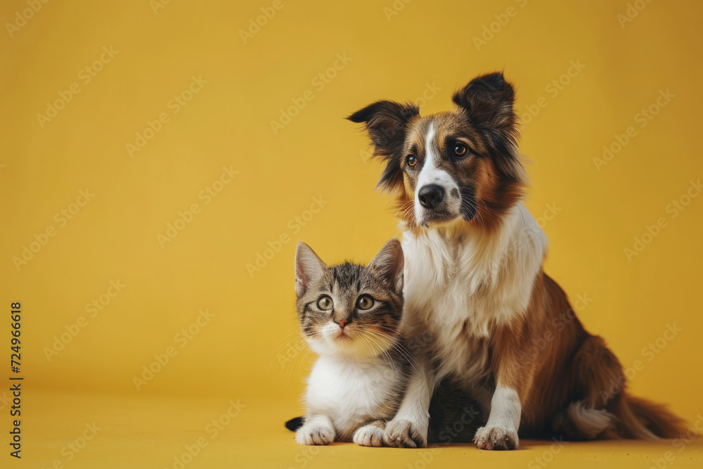 Dog and cat sitting together on yellow background and looking at camera. Pets posing. Friendship between dog and cat.