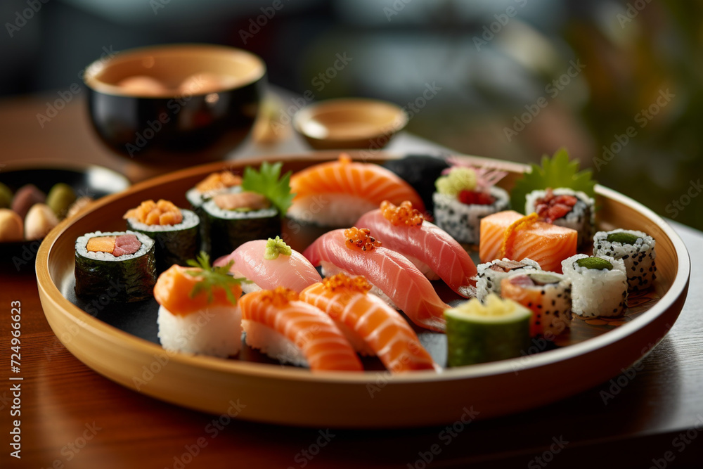 Sashimi with seafood on a black background. Michelin-starred restaurant menu. Culinary art. Japanese food. Sashimi with seafood on a black background. Michelin-starred restaurant menu. Culinary art. Japanese food.