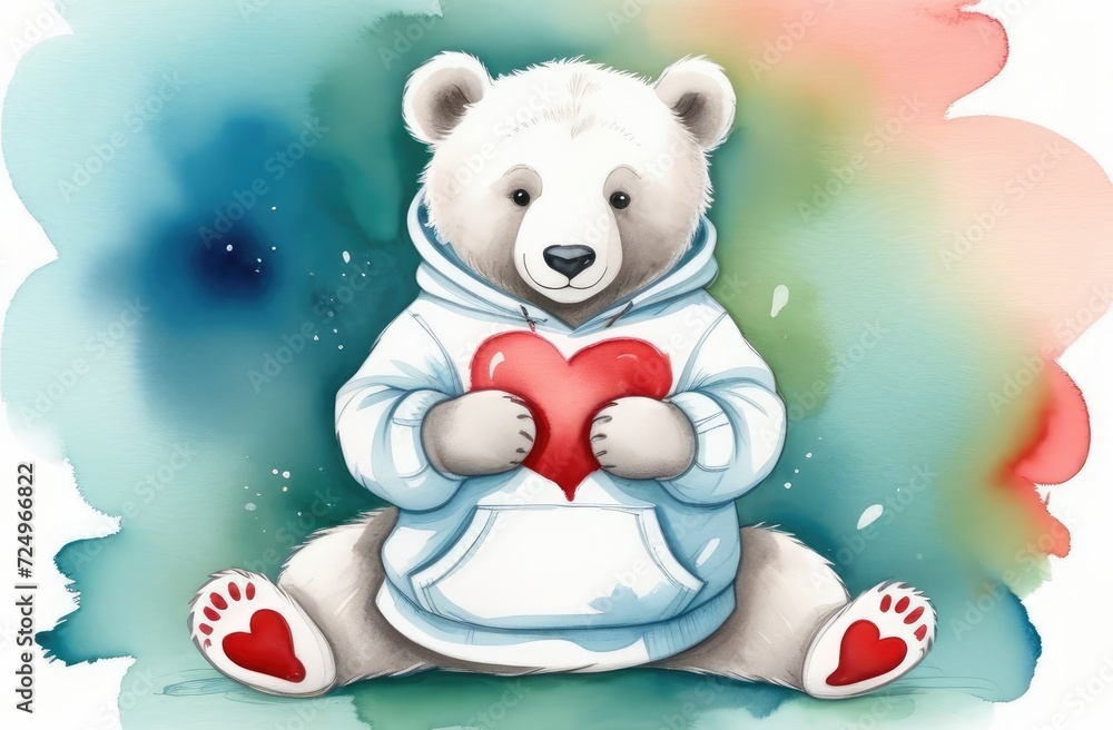 white bear cub in a sweatshirt with a red heart in his paws, in front of him. watercolor style, illustration for design, flayer, advertising, postcard, happy valentine's day. white bear cub in a sweatshirt with a red heart in his paws, in front of him. watercolor style, illustration for design, flayer, advertising, postcard, happy valentine's day.