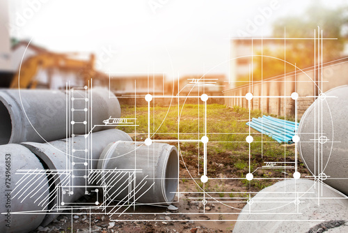 Фотография construction drawing, large-scale concrete drainage pipe construction site