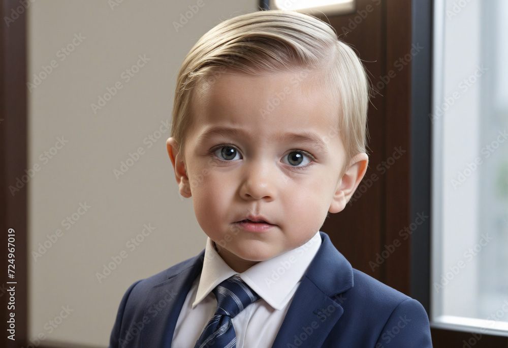 Professional toddler CEO in the workplace facing the camera