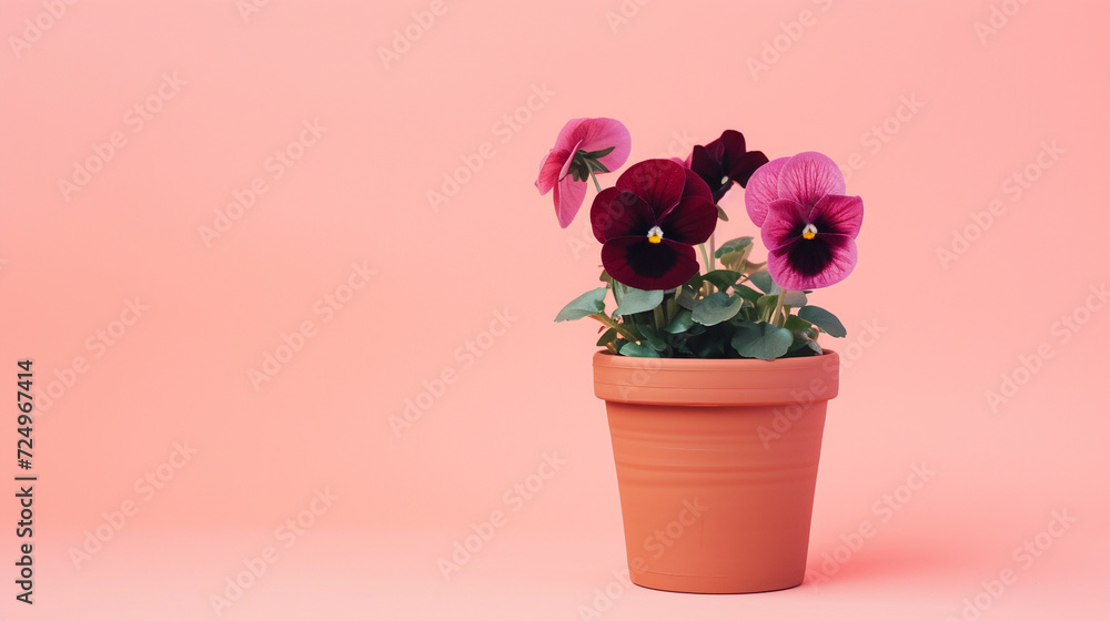Burgundy pansy in a brown ceramic pot on a pink background. Copy space.