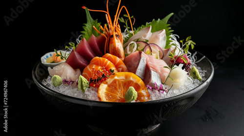Sashimi with seafood on a black background. Michelin-starred restaurant menu. Culinary art. Japanese food.