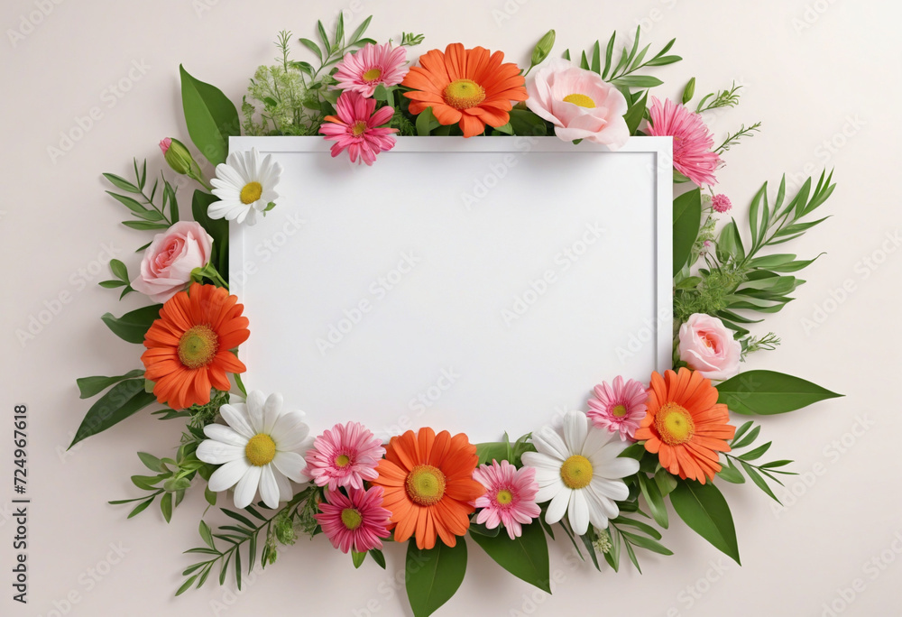 Blank paper card with floral arrangement on light background. Blank paper card with floral arrangement on light background.