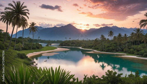 Tropical Sunset Scene with Palm Trees, Lake, and Majestic Mountains