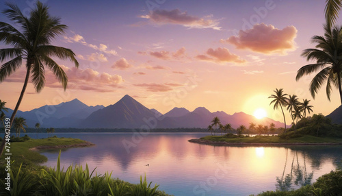 Tropical Sunset Scene with Palm Trees  Lake  and Majestic Mountains