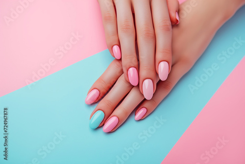 Female hands showcasing pastel stylish trendy manicure against a duotone blue and pink background