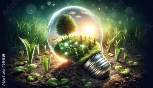 An enchanting lightbulb with a thriving ecosystem inside, symbolizing eco-friendly energy and sustainable living.Sustainable concept.AI generated. © Czintos Ödön