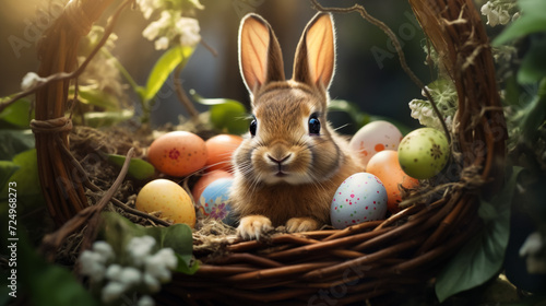 Easter Bunny Amidst Vibrant Blooms  Cradling a Collection of Cheerful Eggs   a Perfect Picture of Spring s Delight