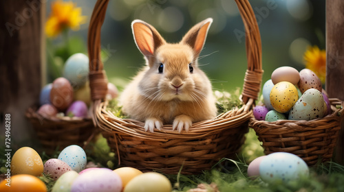 Easter Bunny Amidst Vibrant Blooms, Cradling a Collection of Cheerful Eggs—a Perfect Picture of Spring's Delight