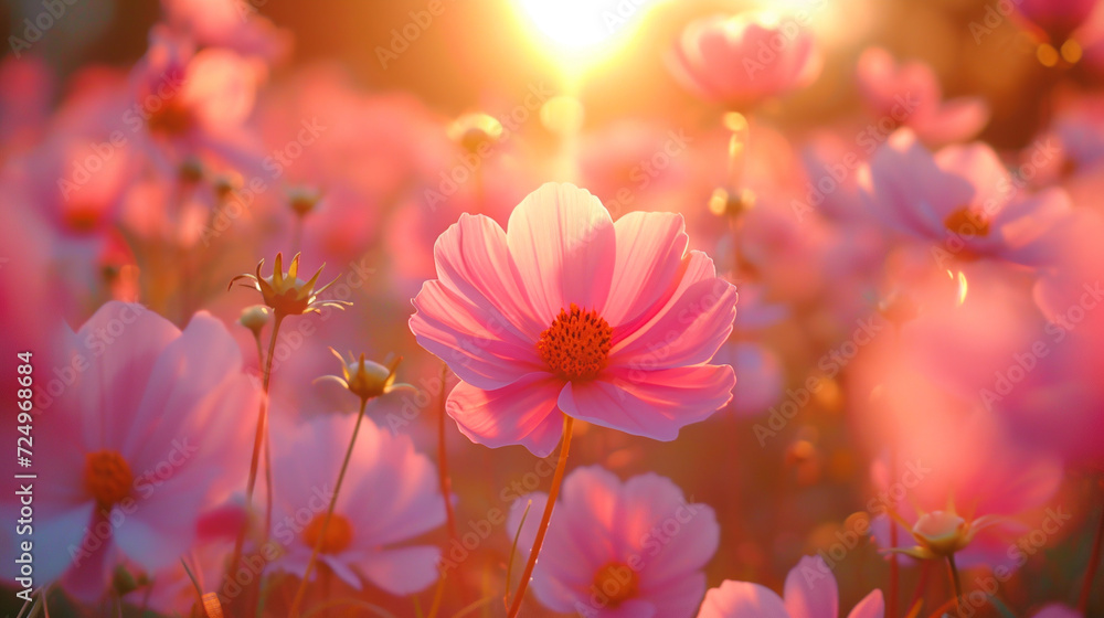 Pink cosmos flowers in a field in sunset lighting.