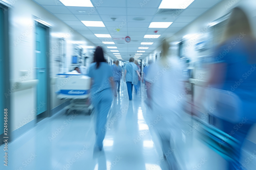 Doctors and medical staff walk down in hospital, Busy corridor in medical clinic with motion blur effect