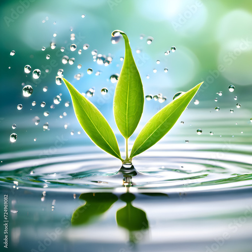 Water droplets falling on a floating plant create ripples on the water's surface