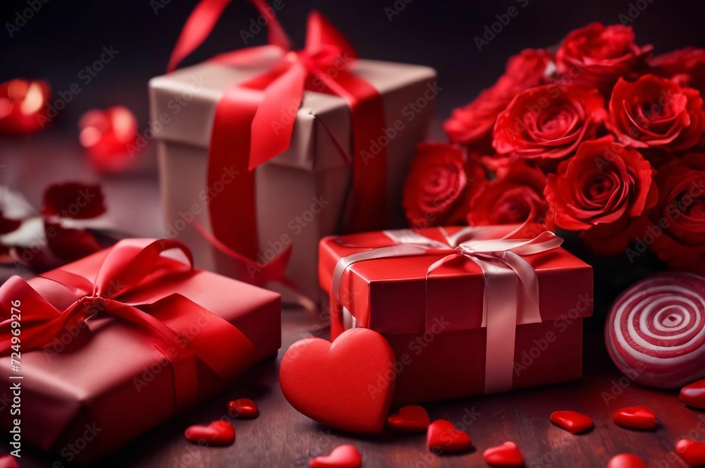 Gift boxes with red roses on the table. Candy in the shape of a heart Gift boxes with red roses on the table. Candy in the shape of a heart