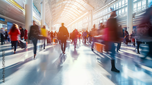 Fototapeta Naklejka Na Ścianę i Meble -  Commuters silhouettes in subway station, train station or airport. Rush Hour in public transport with abstract colorful light trails