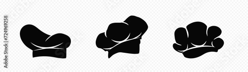 Black chefs hats set. Kitchen chef headwear for food preparation and cooking with professional folds and trendy vector gourmet design