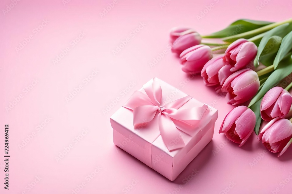 Bouquet of tulips. Pink tulips with gift box on pink background copy space. Top view Bouquet of tulips. Pink tulips with gift box on pink background copy space. Top view