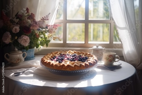 Blueberry pie is on the table by the window in the village house. Village Life, Summer, Berries