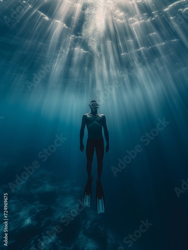 Free diver underwater in transparent blue ocean photo